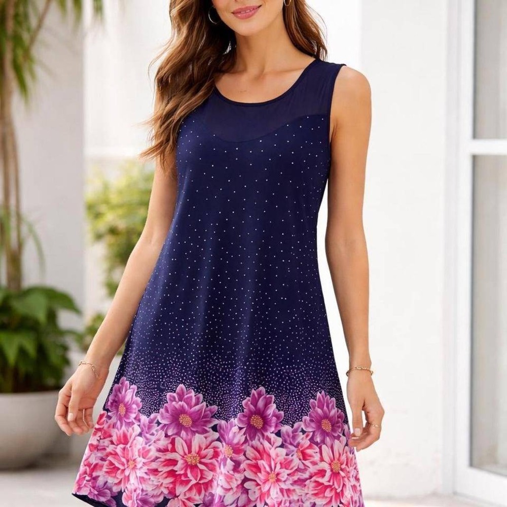 SJS- Navy Midi Dress with Pink‎ Floral Design Size L